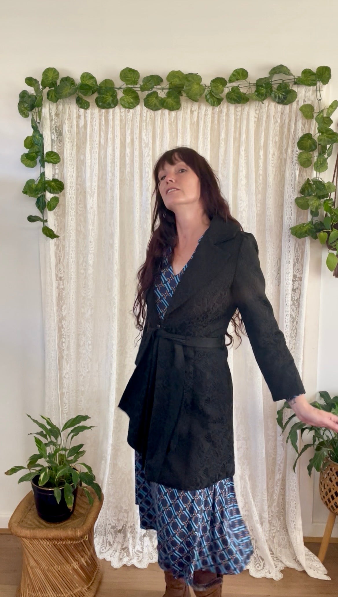 Black Jacquard Belted Coat