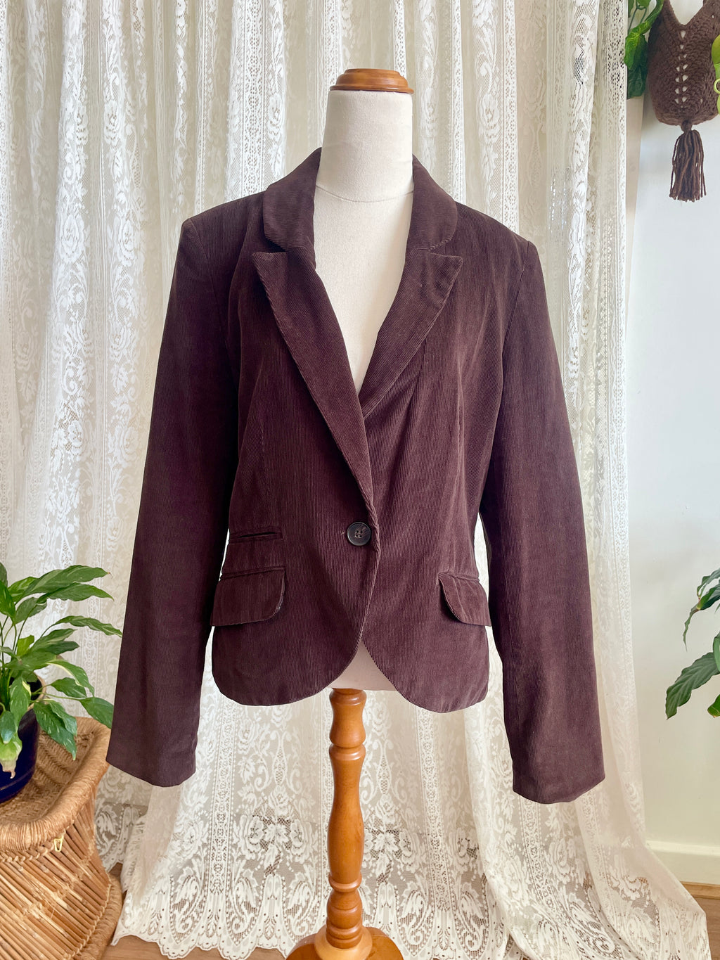 New Look Chocolate Brown Corduroy Jacket Single Button Ribbed Suit Coat 90s Minimalist Style Size 16