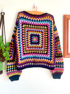 Crochet granny square jumper, multicolour, black trims