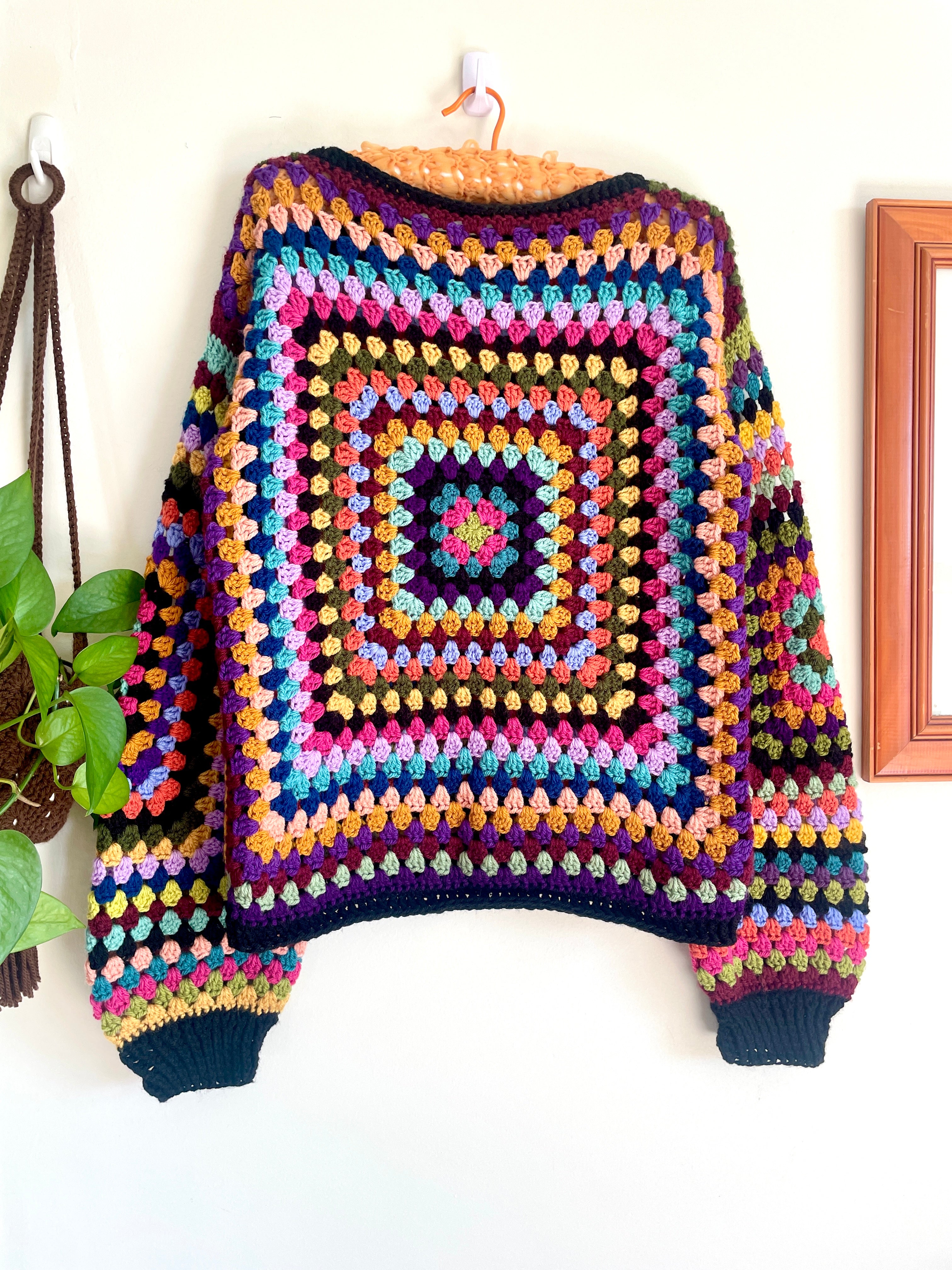 Crochet granny square jumper, multicolour, black trims