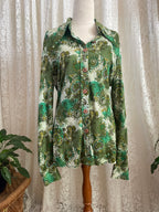 Vintage Sperla Green Psychedelic Paisley Shirt – 1970s Dagger Collar Blouse Sz 14
