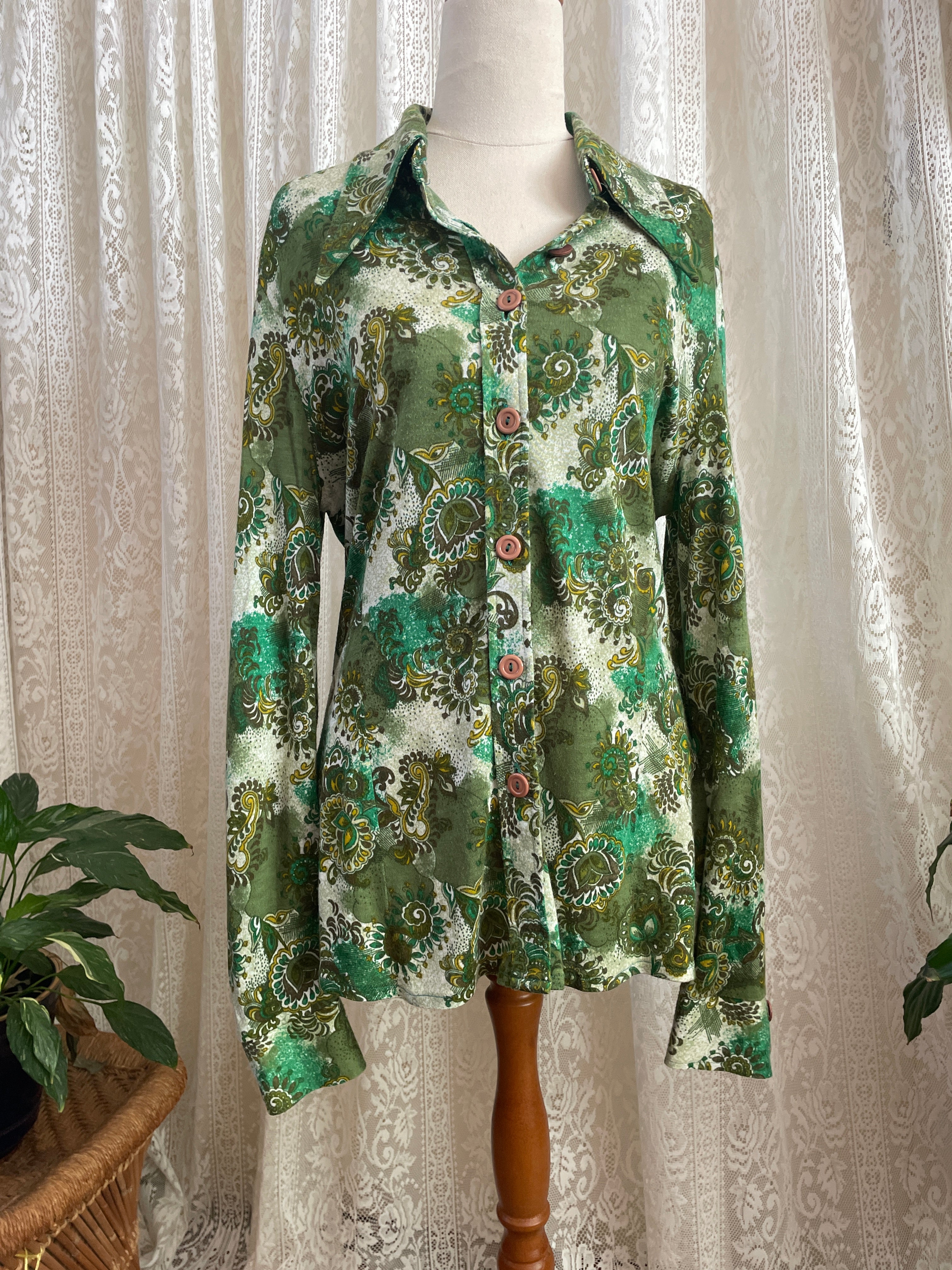 Vintage Sperla Green Psychedelic Paisley Shirt – 1970s Dagger Collar Blouse Sz 14