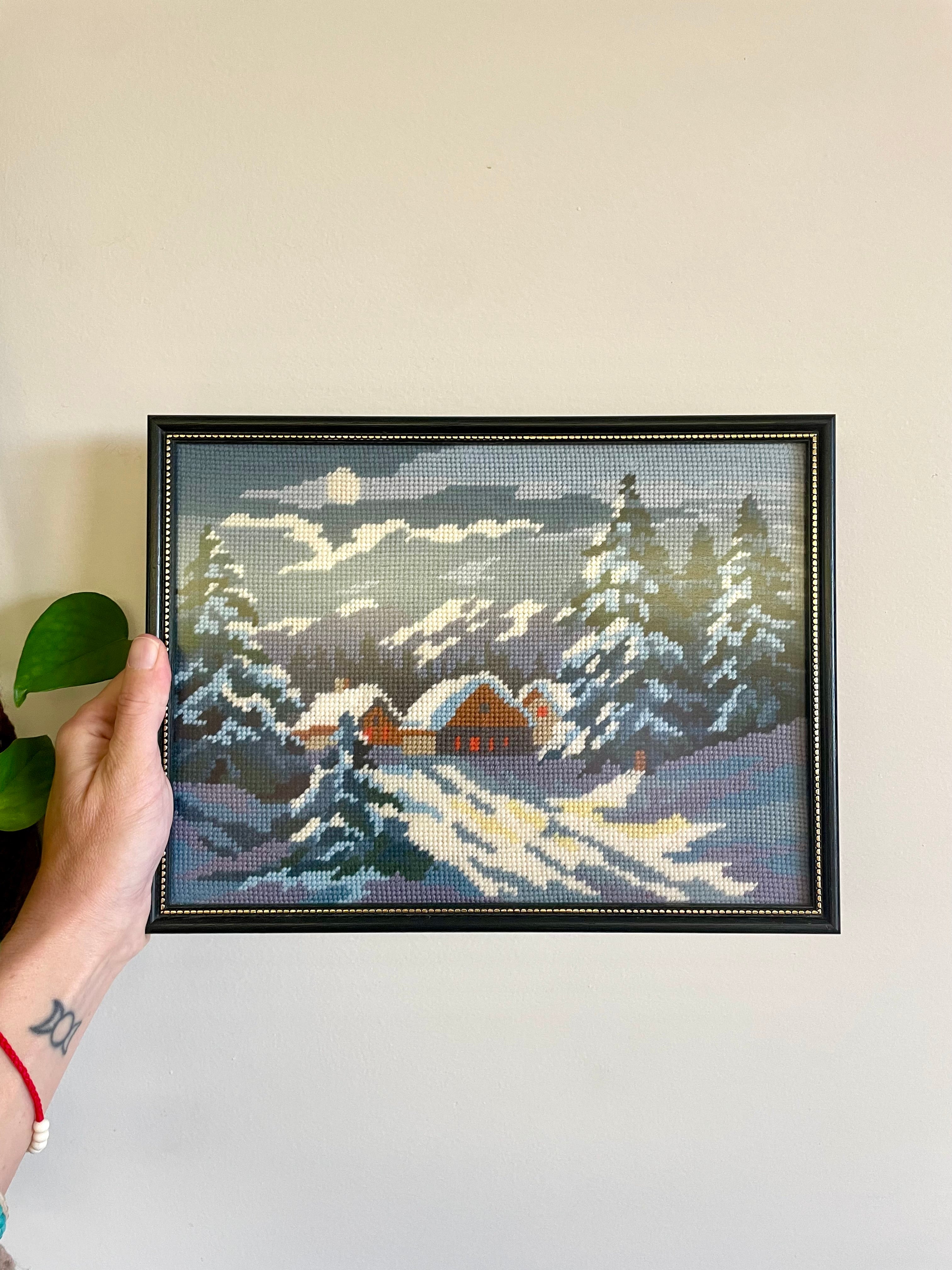 Vintage Framed Tapestry/Needlepoint - Snow Covered Trees