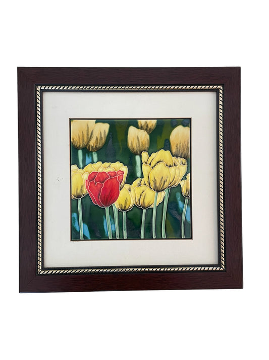 Handpainted Tulips Vintage Ceramic Tile In Custom Wooden Frame
