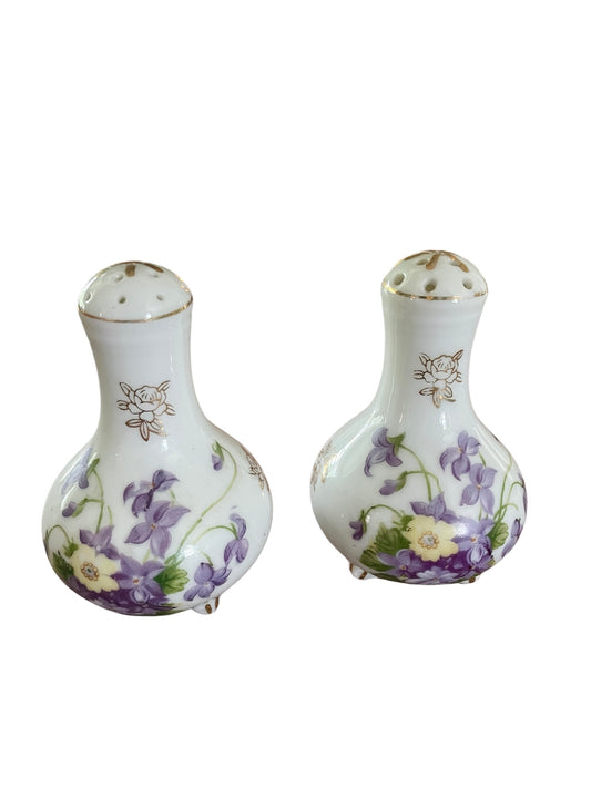 Vintage Porcelain Salt & Pepper Shakeds with violet flower motifs