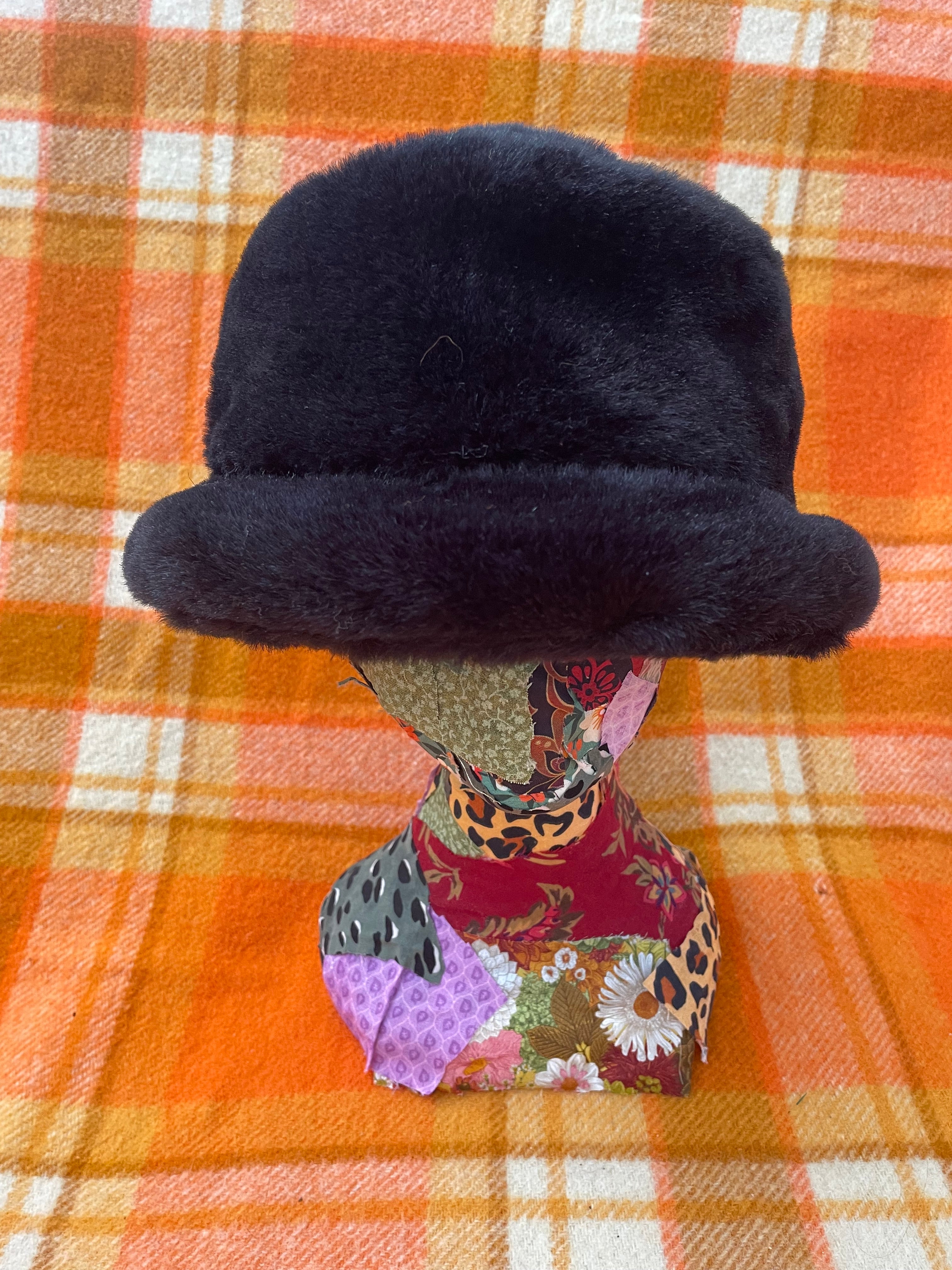 Y2K Black Faux Fur small Brimmed hat