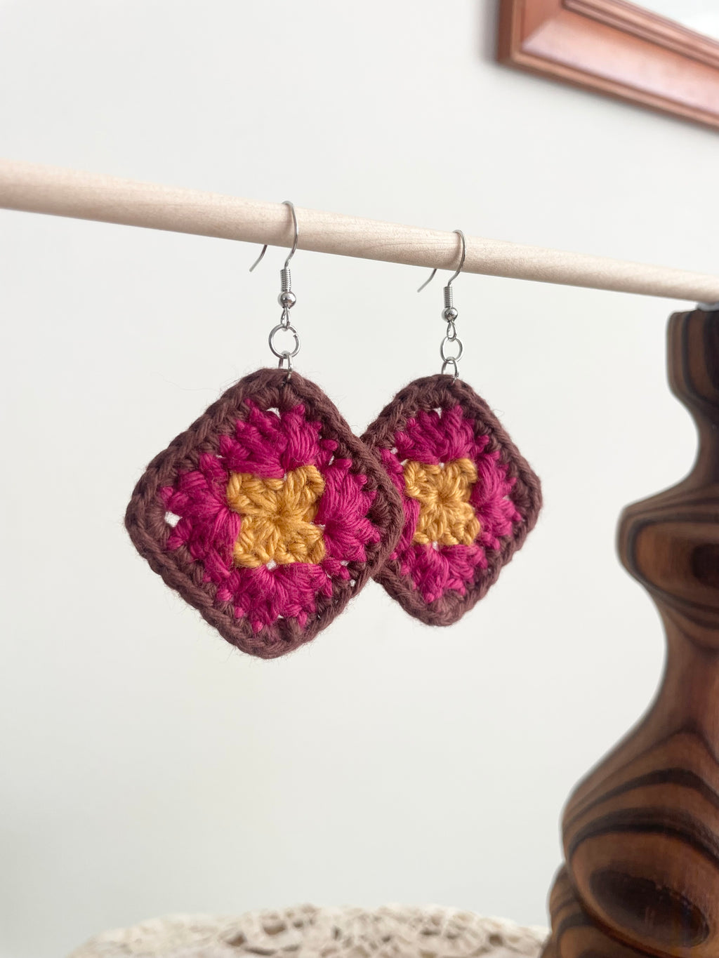 Crochet Little Square Earrings - Yellow/Pink/Brown