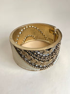 Gold & White Enamel Statement Cuff Bracelet - Hinged Chunky Bangle