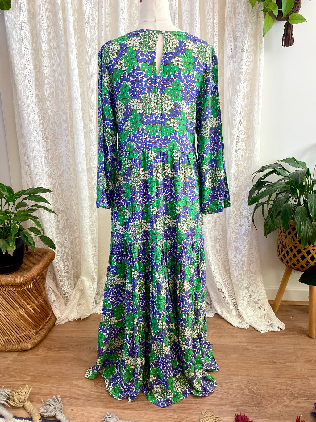 Blue & Green Retro Floral Print 3/4 Sleeve Dress