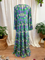 Blue & Green Retro Floral Print 3/4 Sleeve Dress
