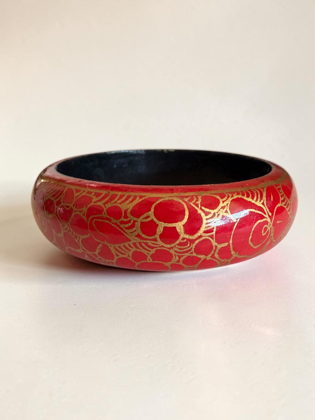 Vintage Hand Painted Wooden Bangle Red Gold Kashmiri Lacquer Boho Statement Bracelet