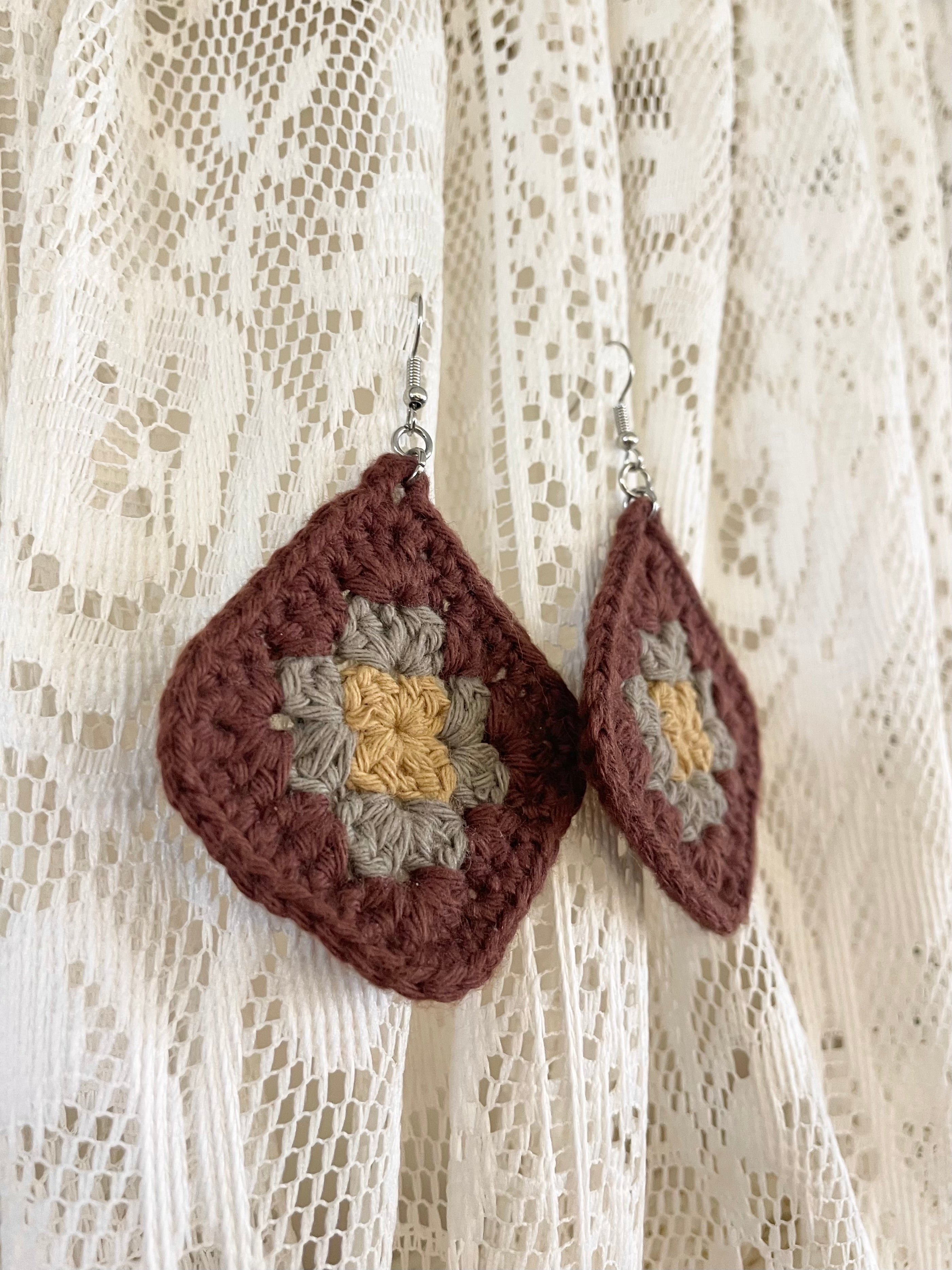 Crochet Mojo Moon Square Earrings - Brown/Sage
