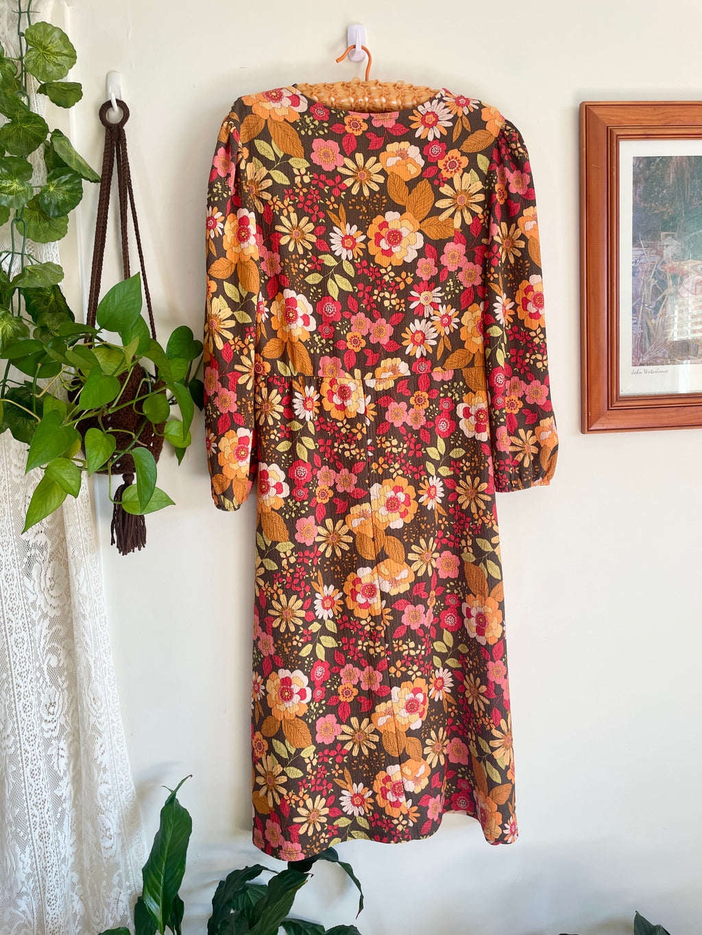 70s Style Retro Print Midi Dress