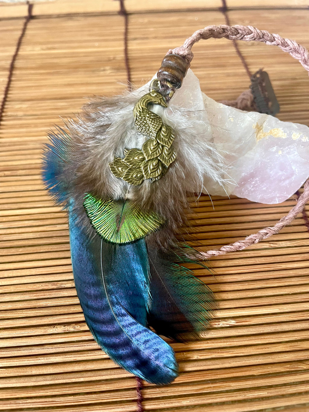 Feather & Hemp Hair Extension - Iridescent with Brass Peacock