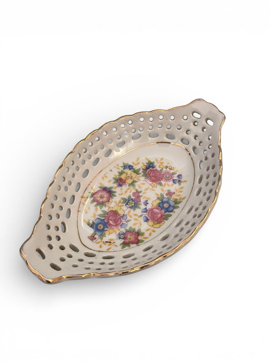 Floral Trinket Dish with Gold Trims Pink & Blue Flowers