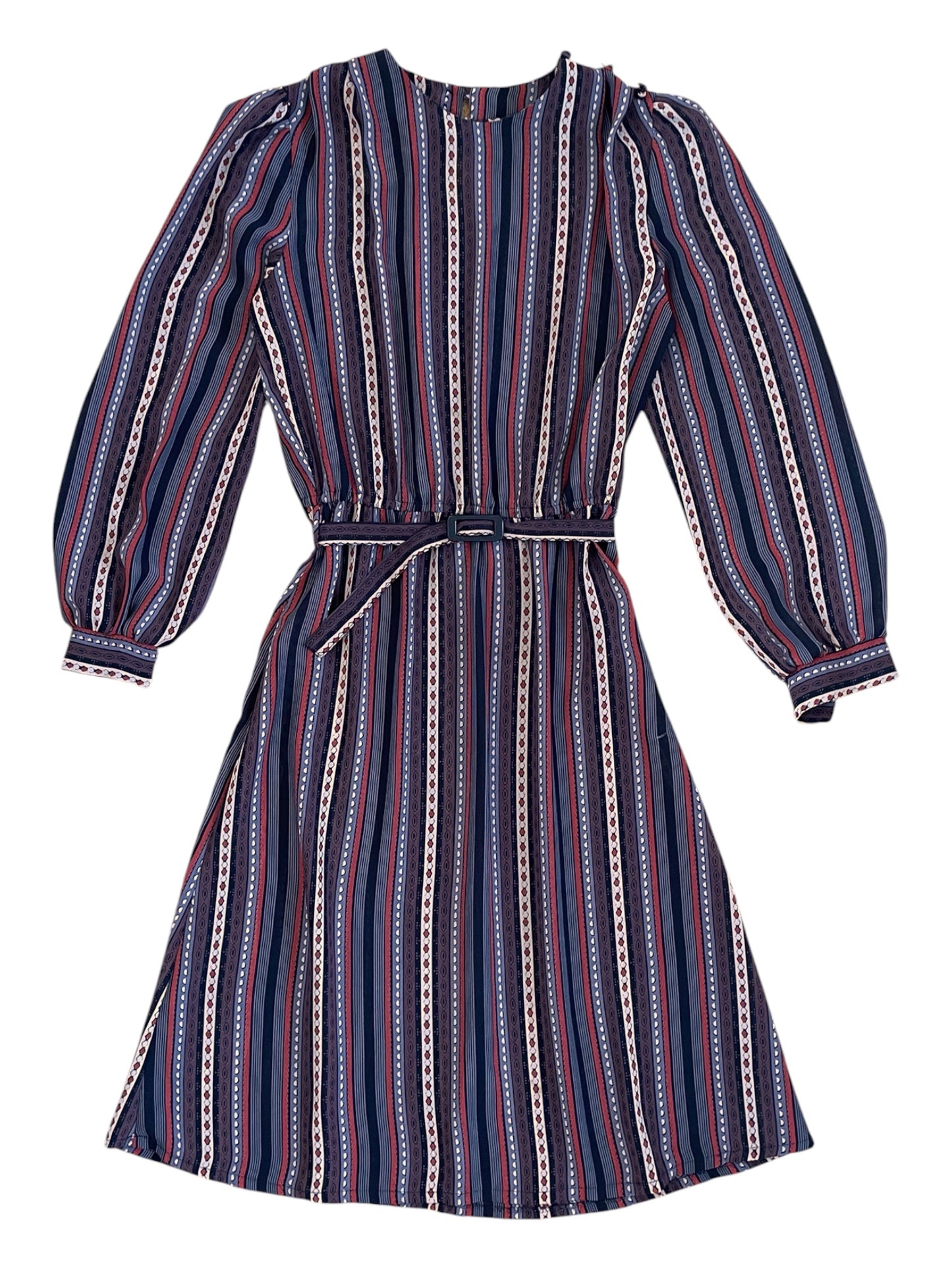 Vintage Sheer Belted Stripe Long Sleeve Dress