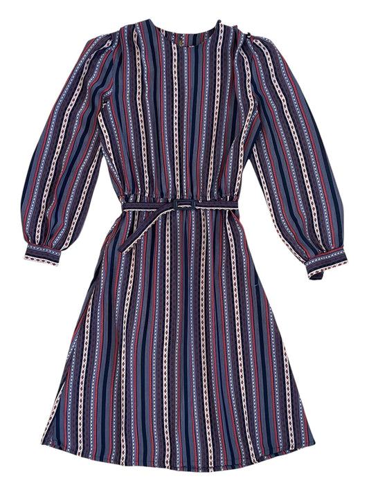Vintage Sheer Belted Stripe Long Sleeve Dress