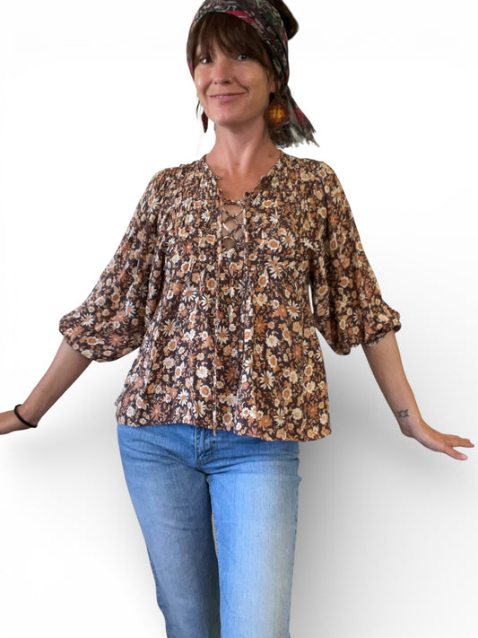 Pre-Loved - Brown floral top with puff sleeves - Sz 10