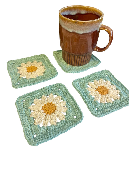 Crochet Daisy Coaster with Pale Blue Border