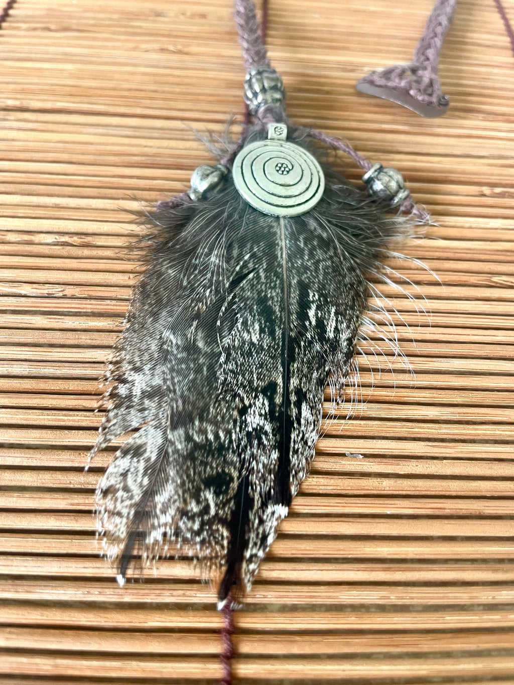 Feather & Hemp Hair Extension - Tawny Frogmouth/Spiral