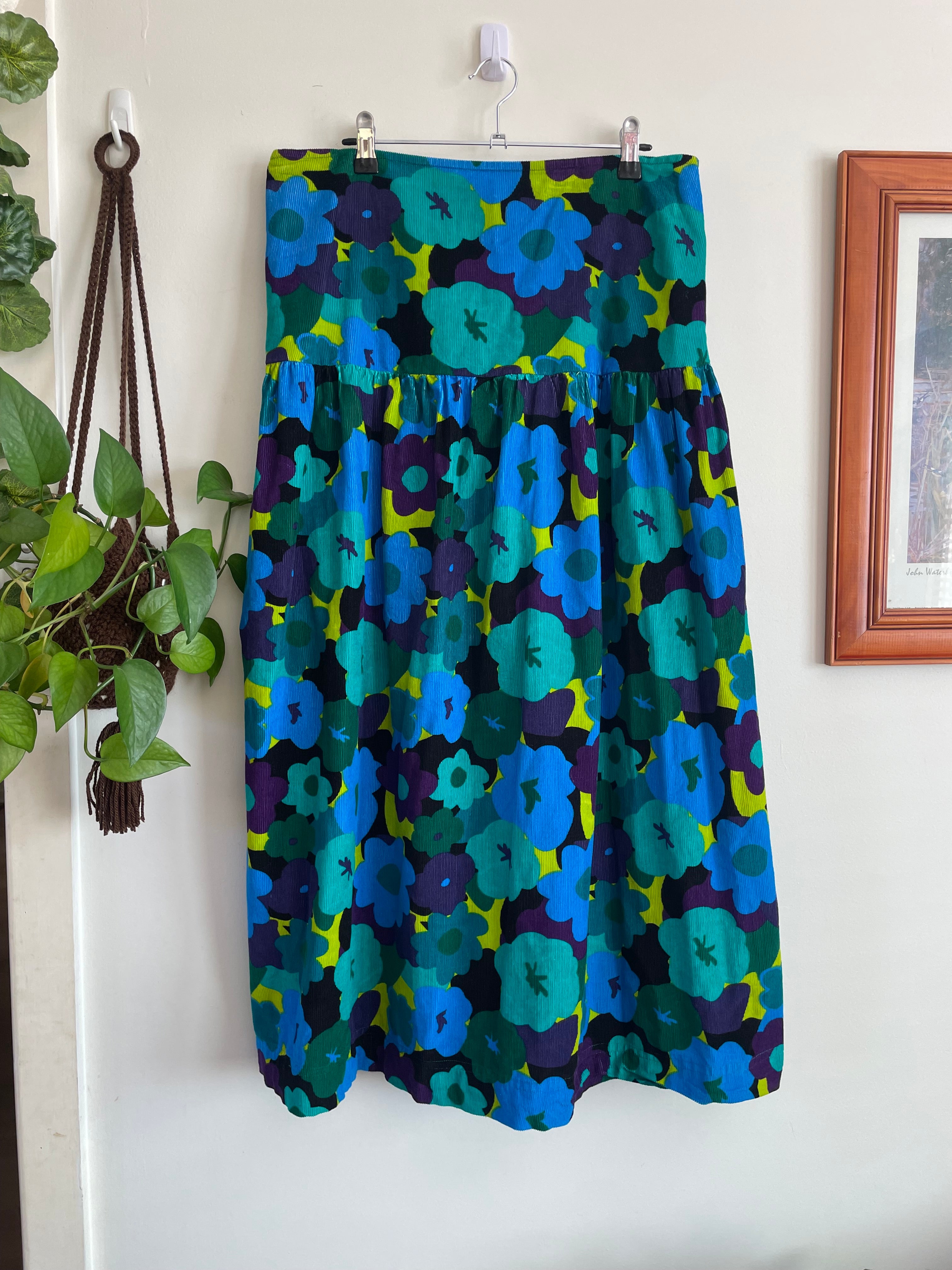 Corduroy Retro Print Floral Maxi Skirt