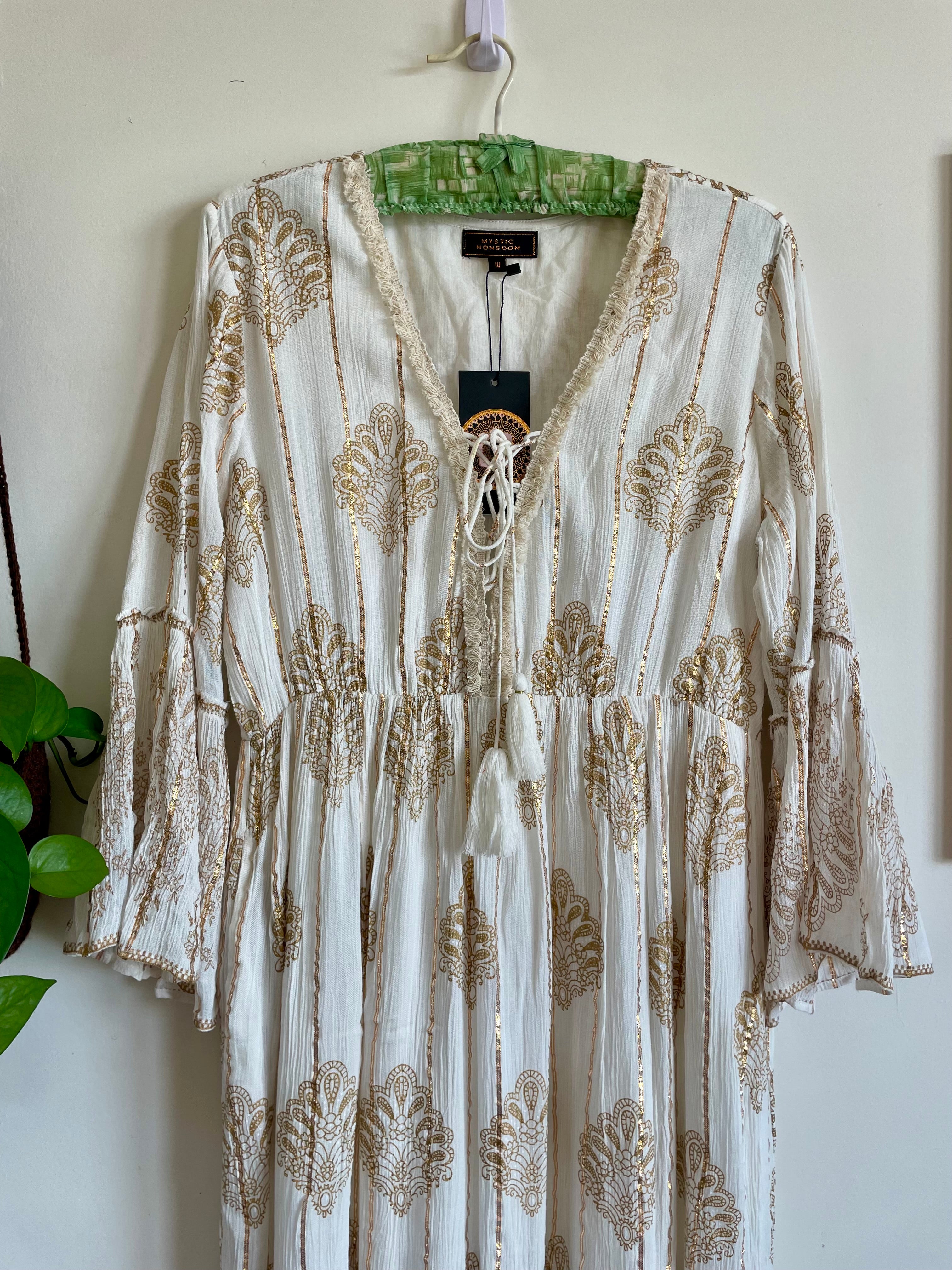 White with Gold Thread Paisley Print Angel Dress
