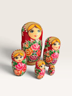 Traditional Semionov Style 5-Piece Russian Nesting Dolls Red Gold Glitter Matryoshka