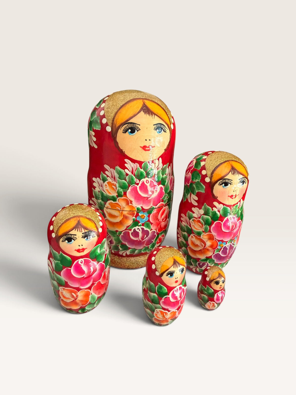 Traditional Semionov Style 5-Piece Russian Nesting Dolls Red Gold Glitter Matryoshka