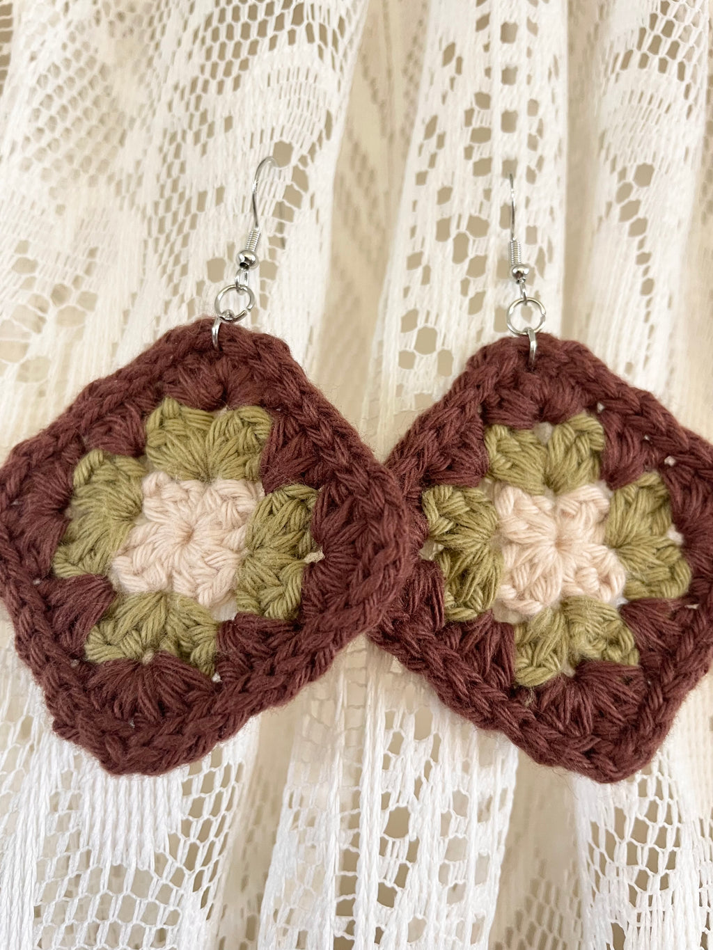 Crochet Mojo Moon Square Earrings - Brown/Green