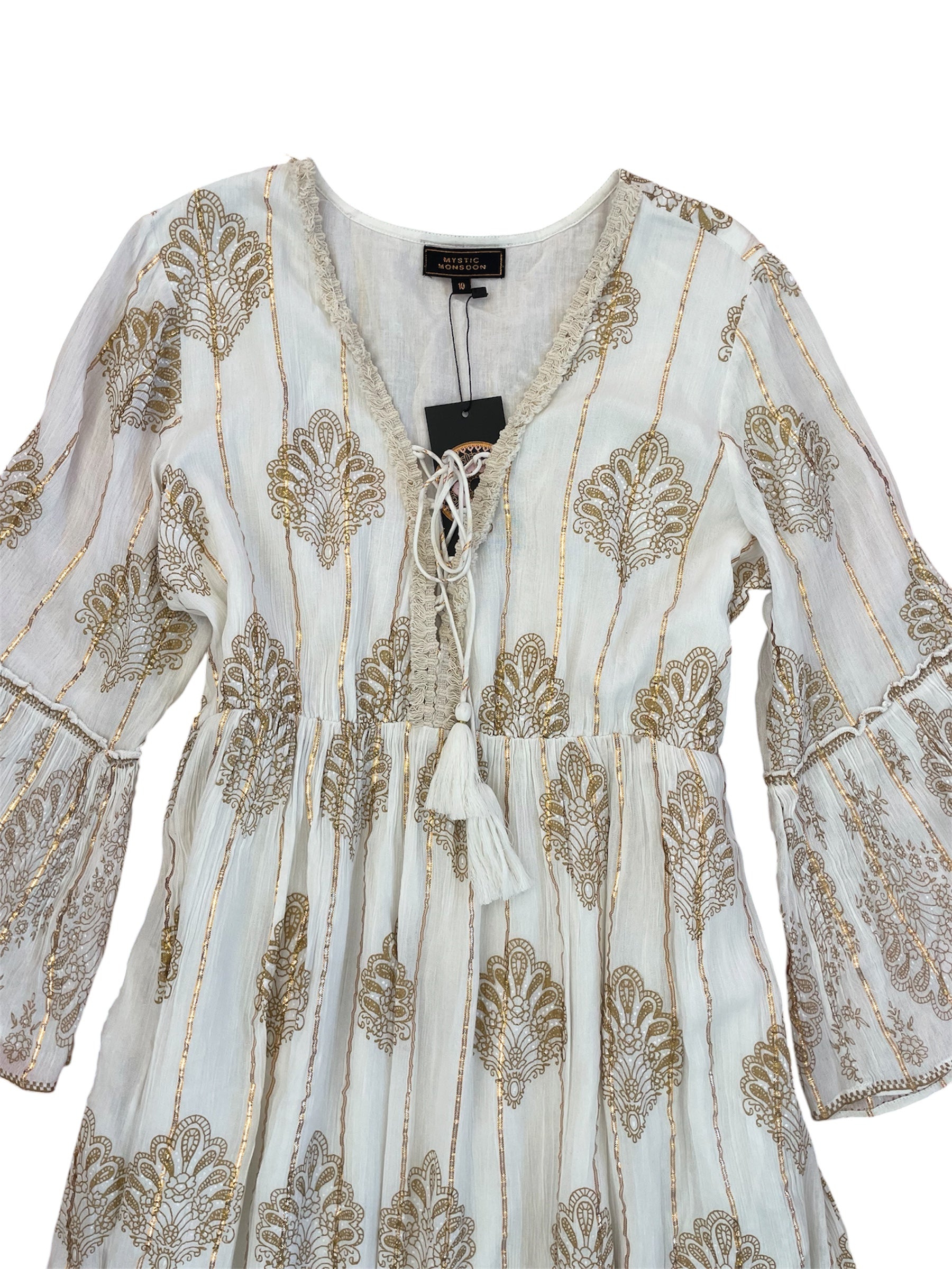 White with Gold Thread Paisley Print Angel Dress