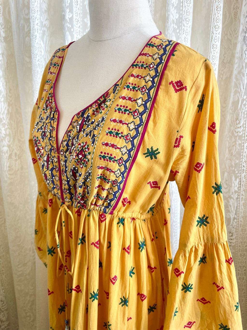 Ishka Marigold Yellow Embroidered Boho Maxi Dress – Bell Sleeve Tiered Smock Sz 14