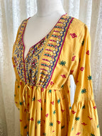Ishka Marigold Yellow Embroidered Boho Maxi Dress – Bell Sleeve Tiered Smock Sz 14