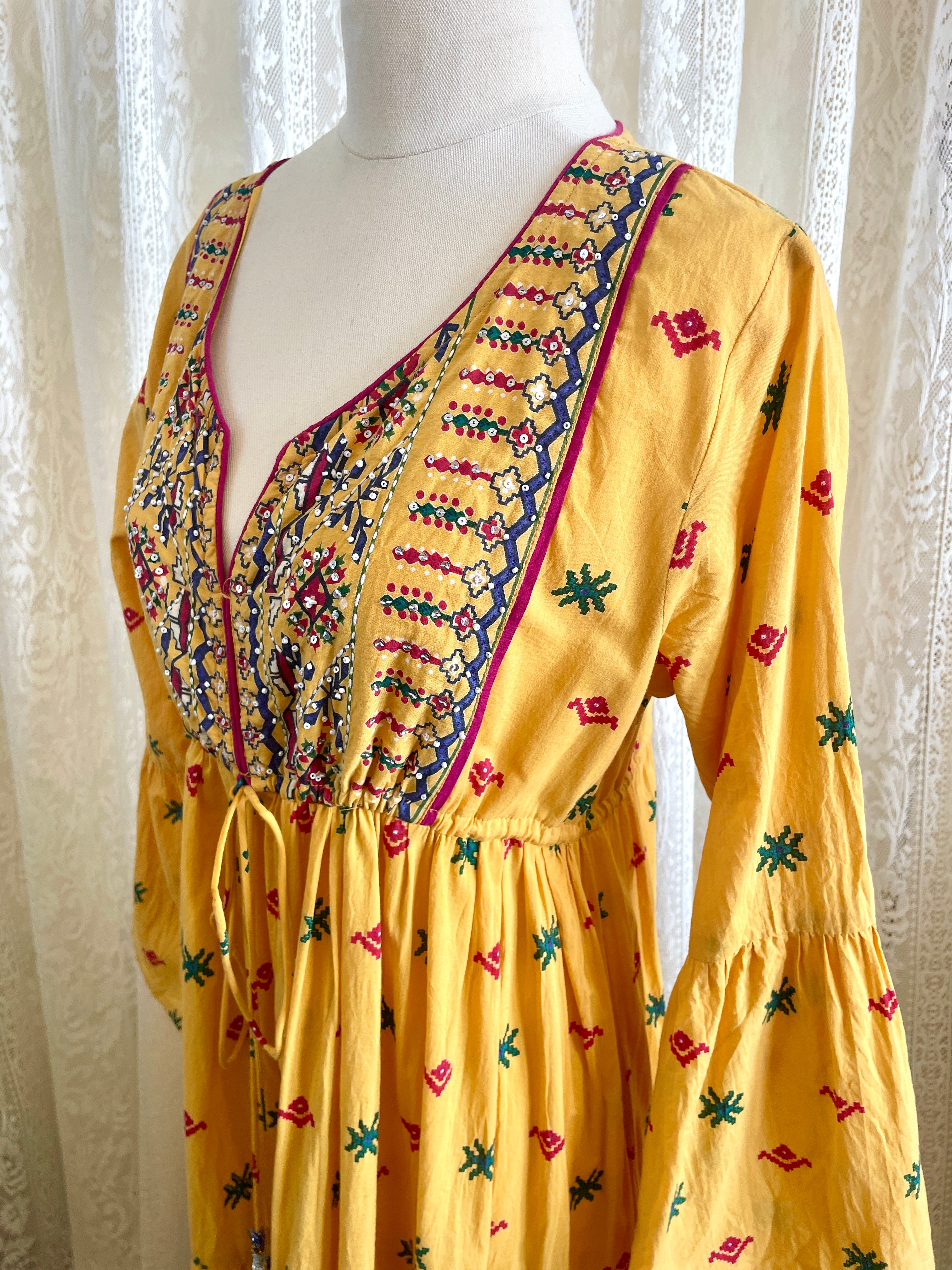 Ishka Marigold Yellow Embroidered Boho Maxi Dress – Bell Sleeve Tiered Smock Sz 14