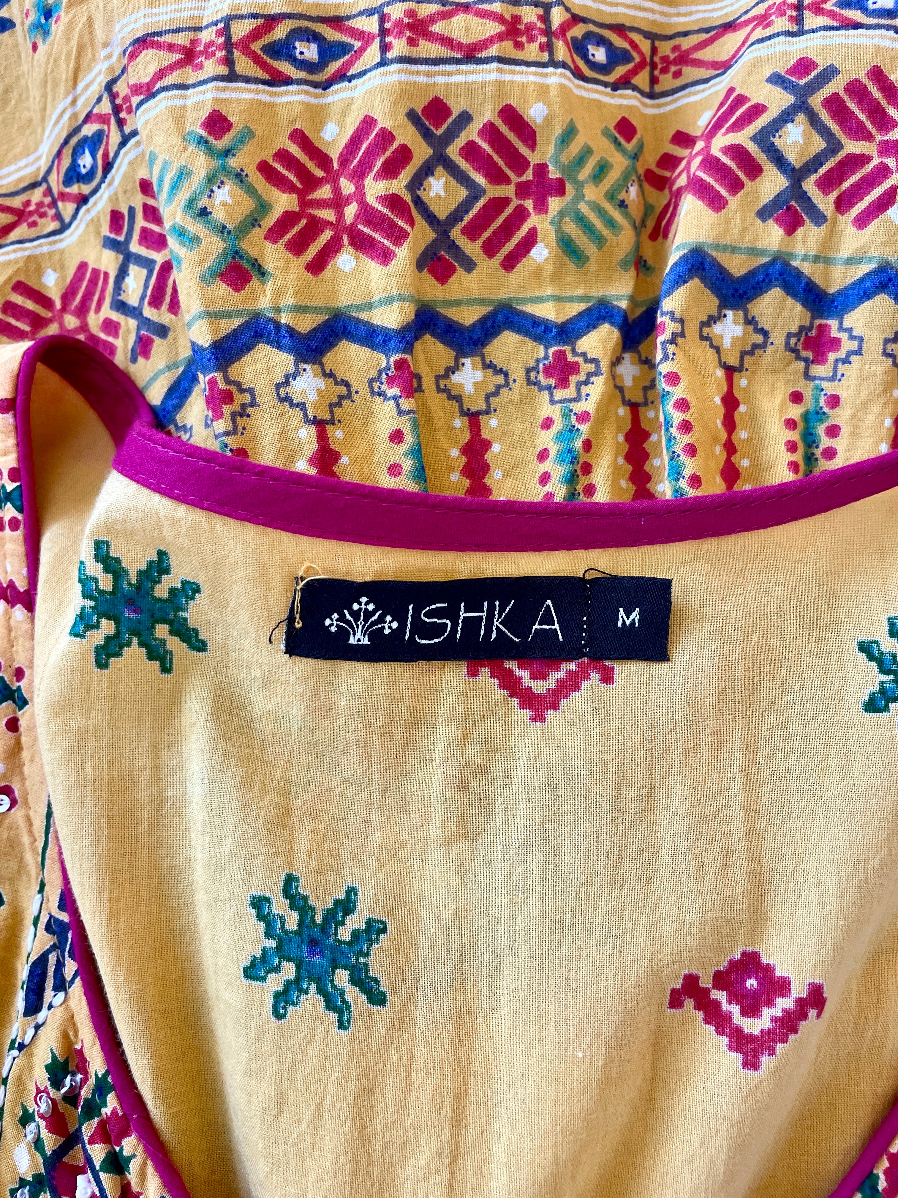 Ishka Marigold Yellow Embroidered Boho Maxi Dress – Bell Sleeve Tiered Smock Sz 14