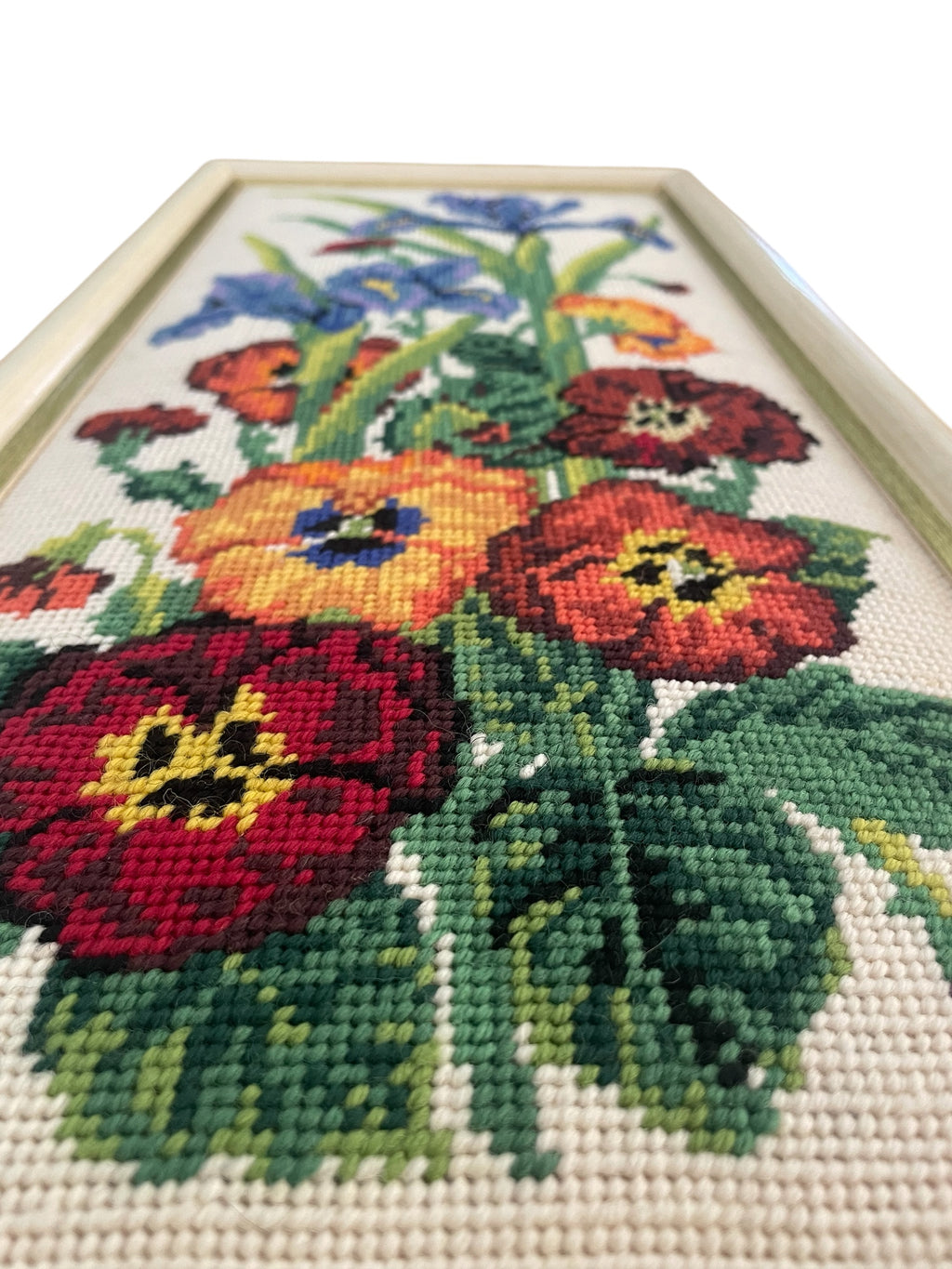Vintage Iris and Pansy Cross Stitch Wall Art in Frame D’art