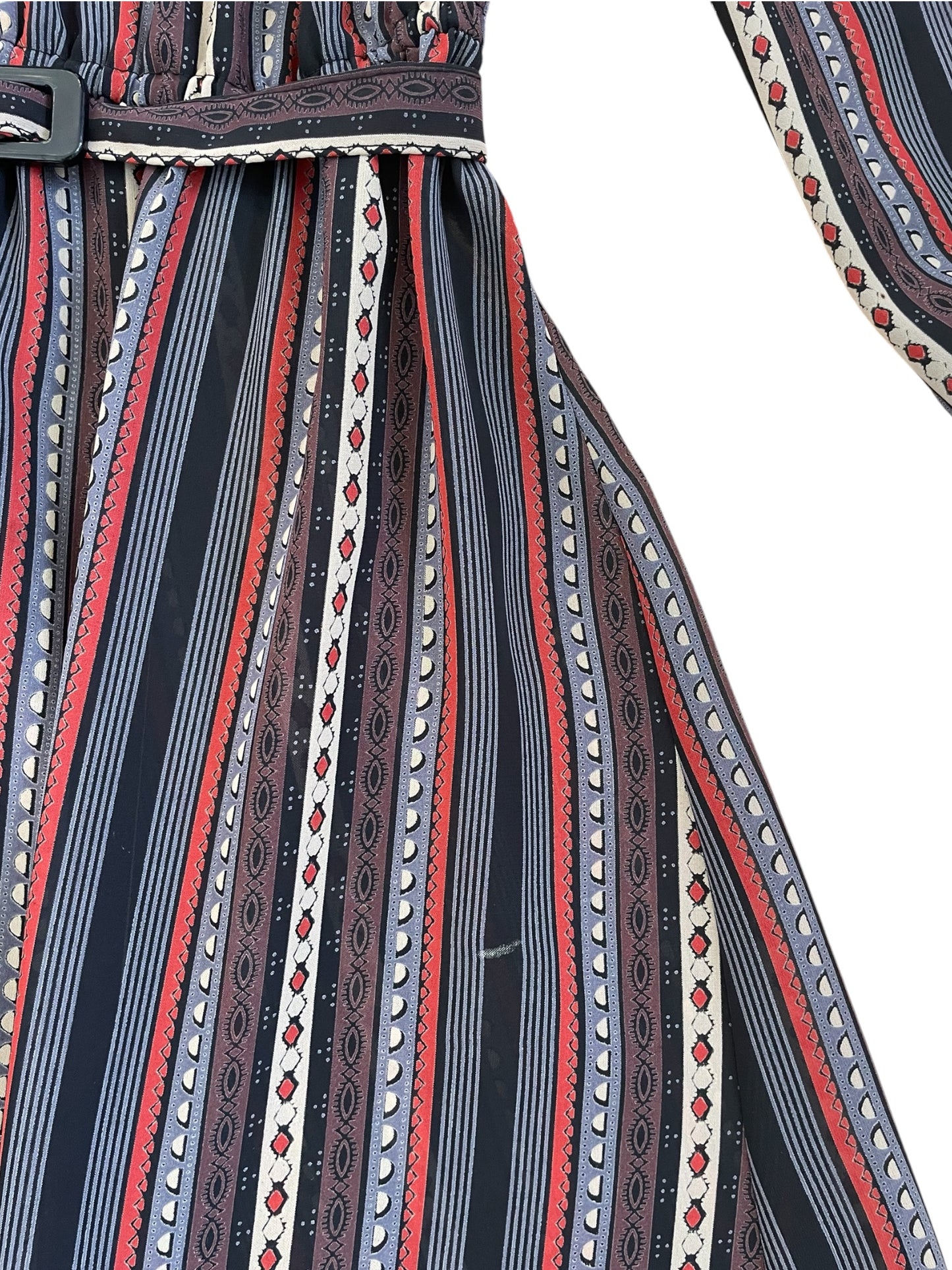 Vintage Sheer Belted Stripe Long Sleeve Dress