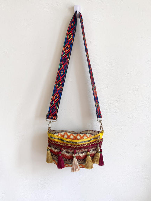 Boho Crossbody Bag w/ Thick Geometric Strap & Tassels
