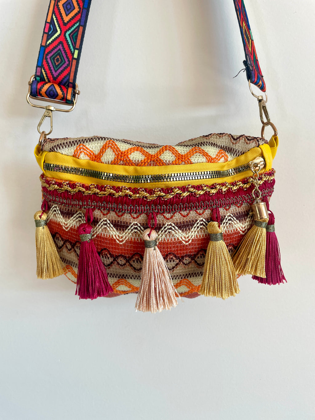 Boho Crossbody Bag w/ Thick Geometric Strap & Tassels