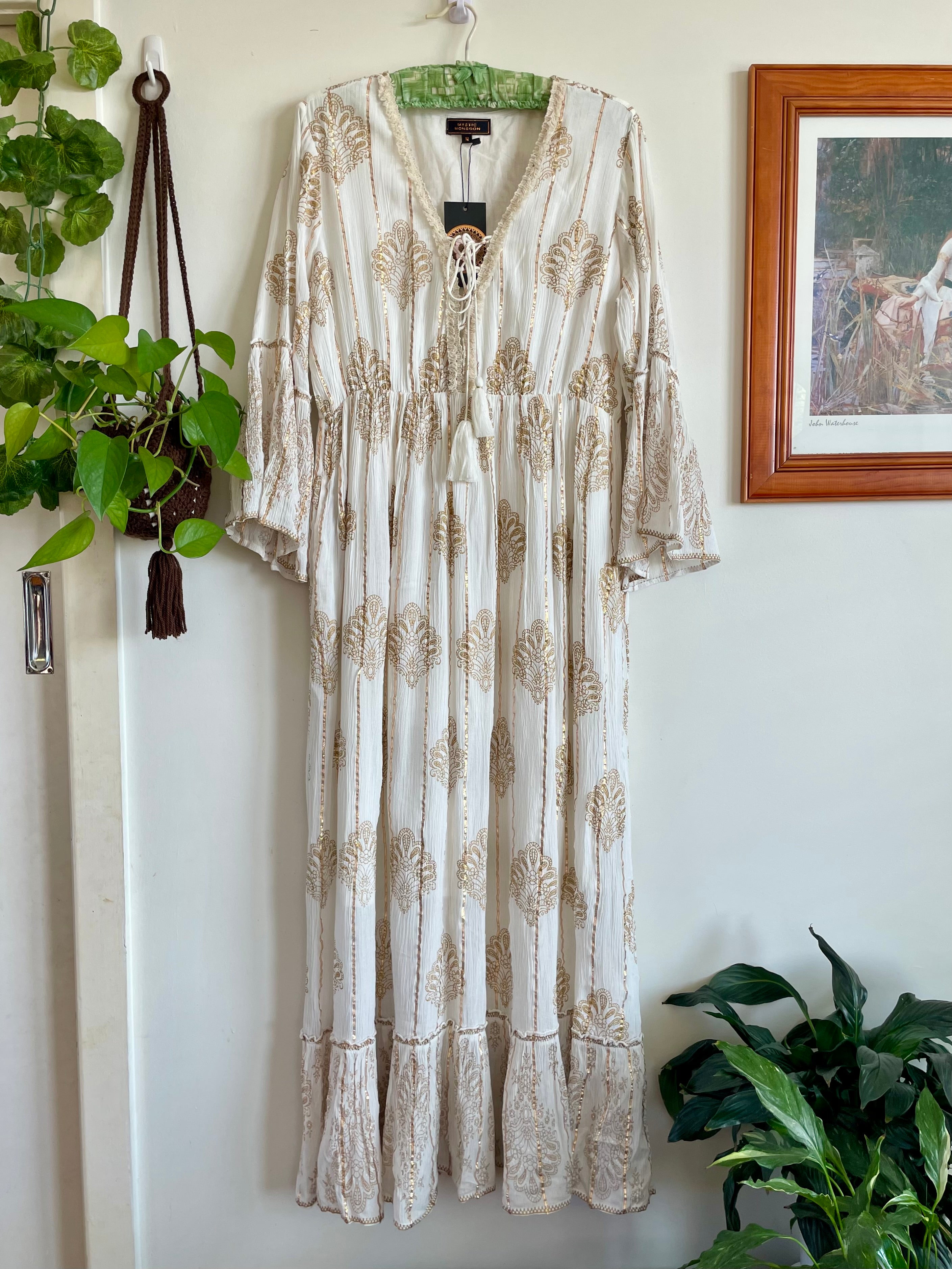 White with Gold Thread Paisley Print Angel Dress