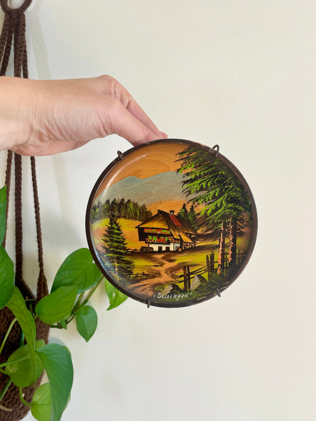 Vintage German Folk Art Wall Hanging Farmhouse Scene Wood Plate