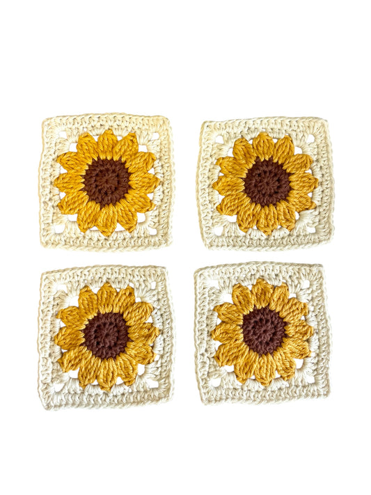 Crochet Sunflower Square Coasters Cotton Set of 4