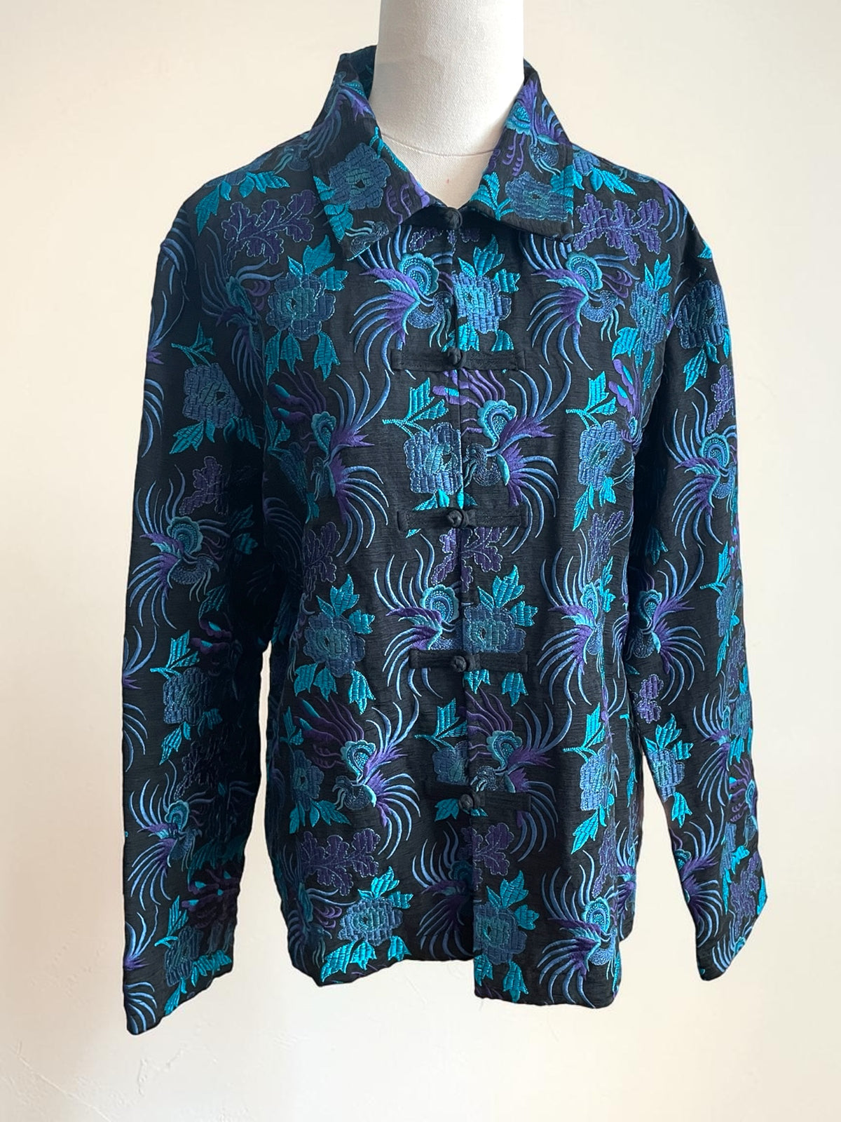 Vintage Chico's Design Silk Linen Embroidered Jacket - Teal Purple Asian Frog Closure Shirt