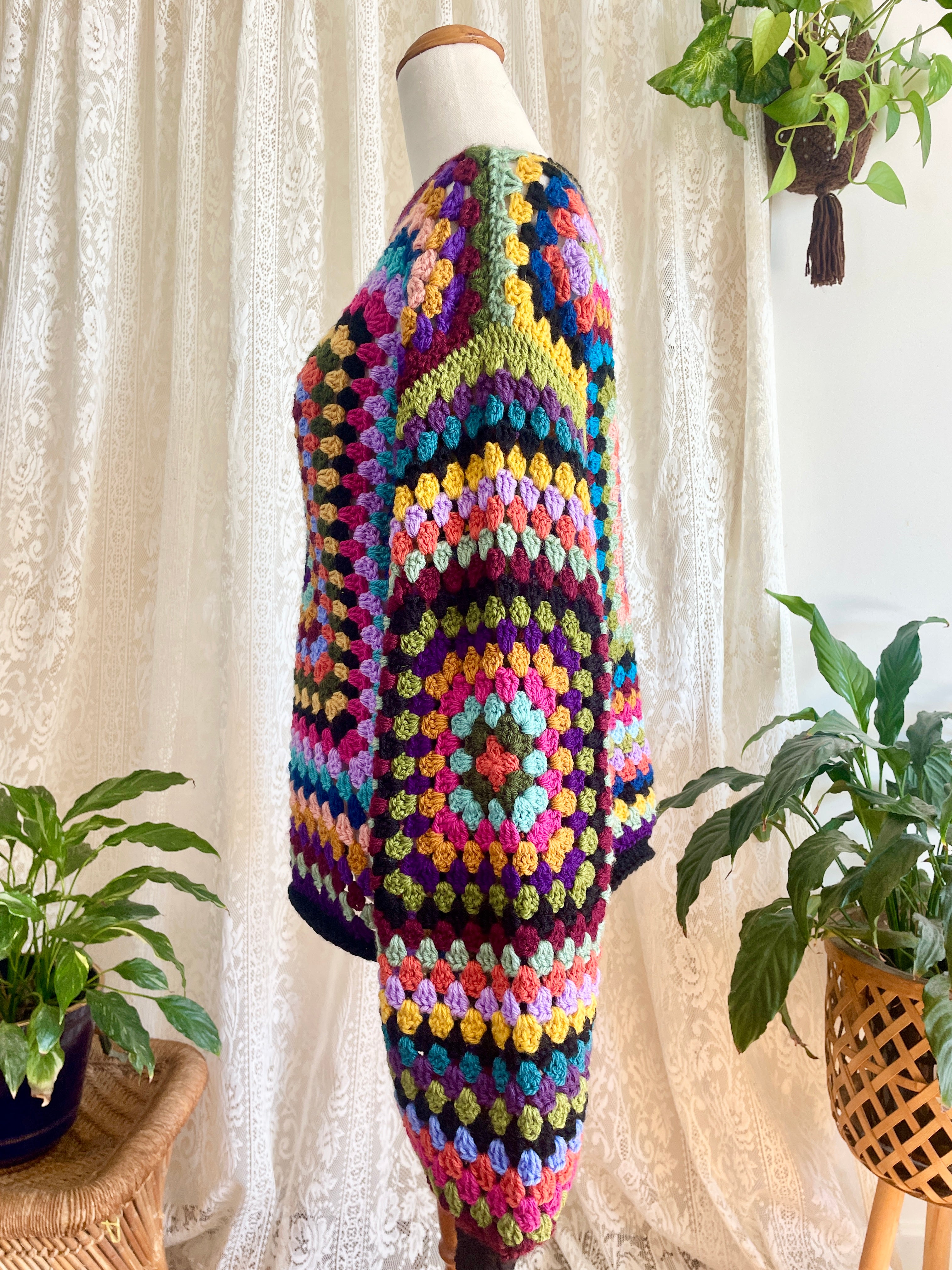 Crochet granny square jumper, multicolour, black trims
