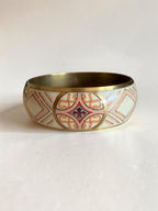 Vintage Brass Enamel Bangle Geometric Tile Cream Blush Pink Gold Cloisonne Cuff Bracelet