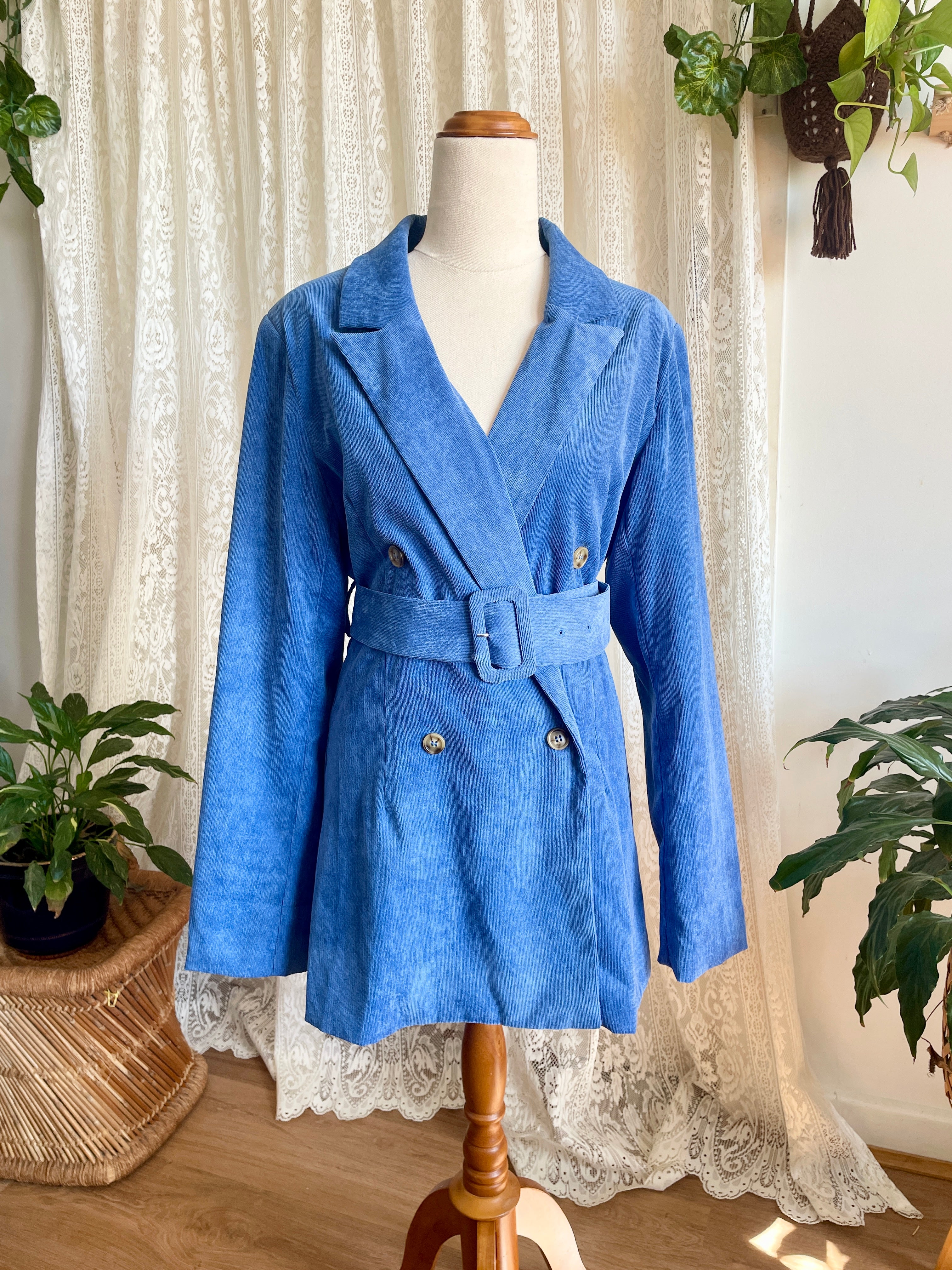 BNWT Daisy Street Blue Cord Belted Blazer Jacket • 90s Retro Ribbed Velvet Look Longline Coat