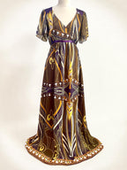 Art Nouveau 70s Style Abstract Print Chiffon Maxi Dress – Empire Waist Flutter Sleeve - Sz