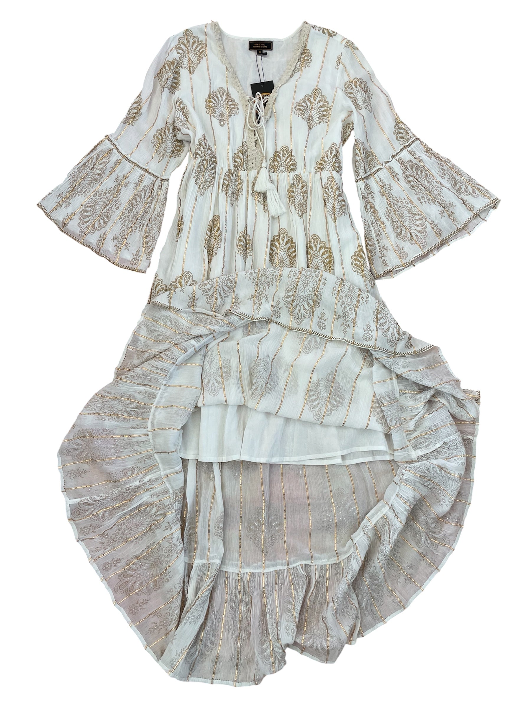 White with Gold Thread Paisley Print Angel Dress