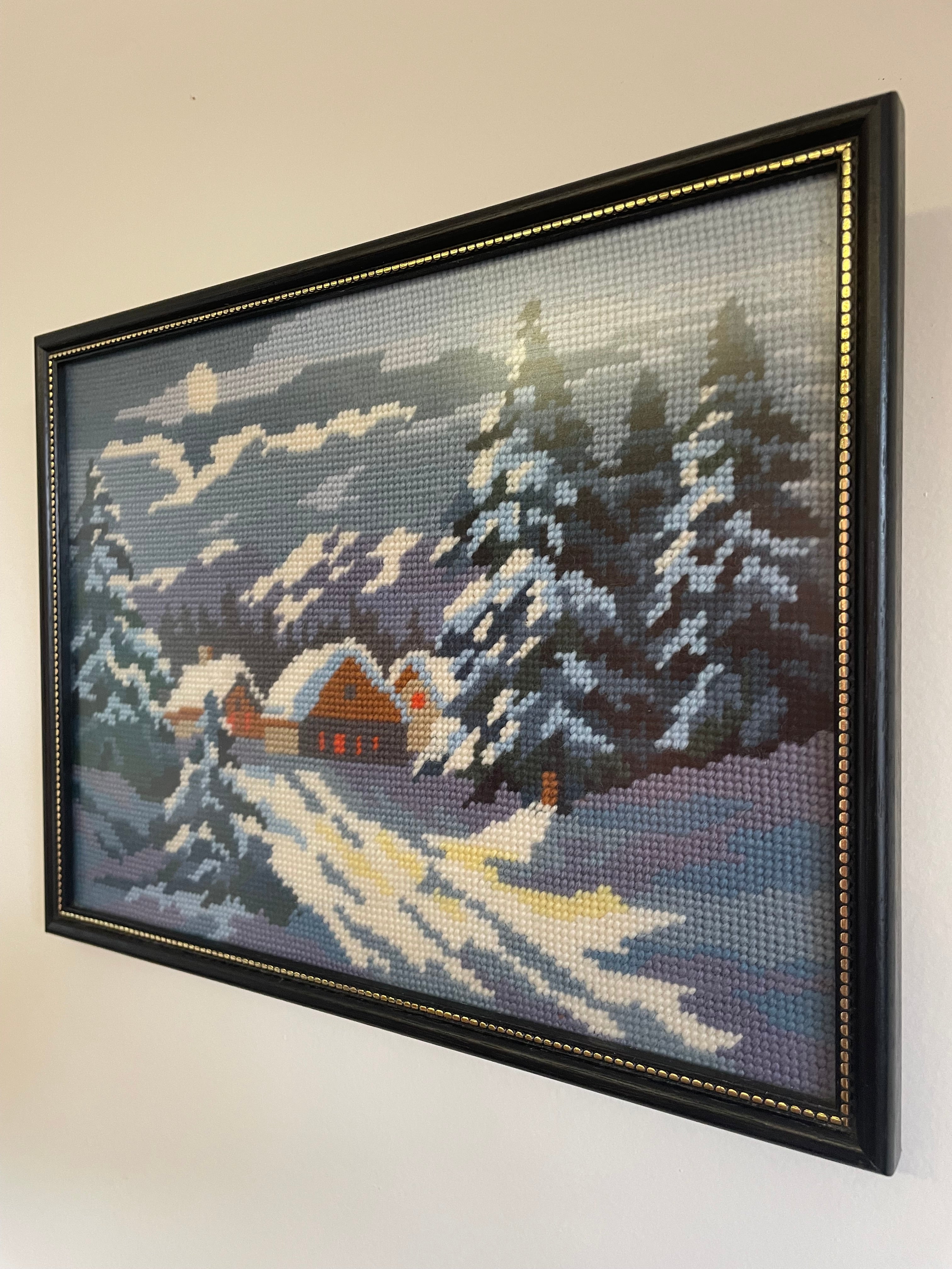 Vintage Framed Tapestry/Needlepoint - Snow Covered Trees