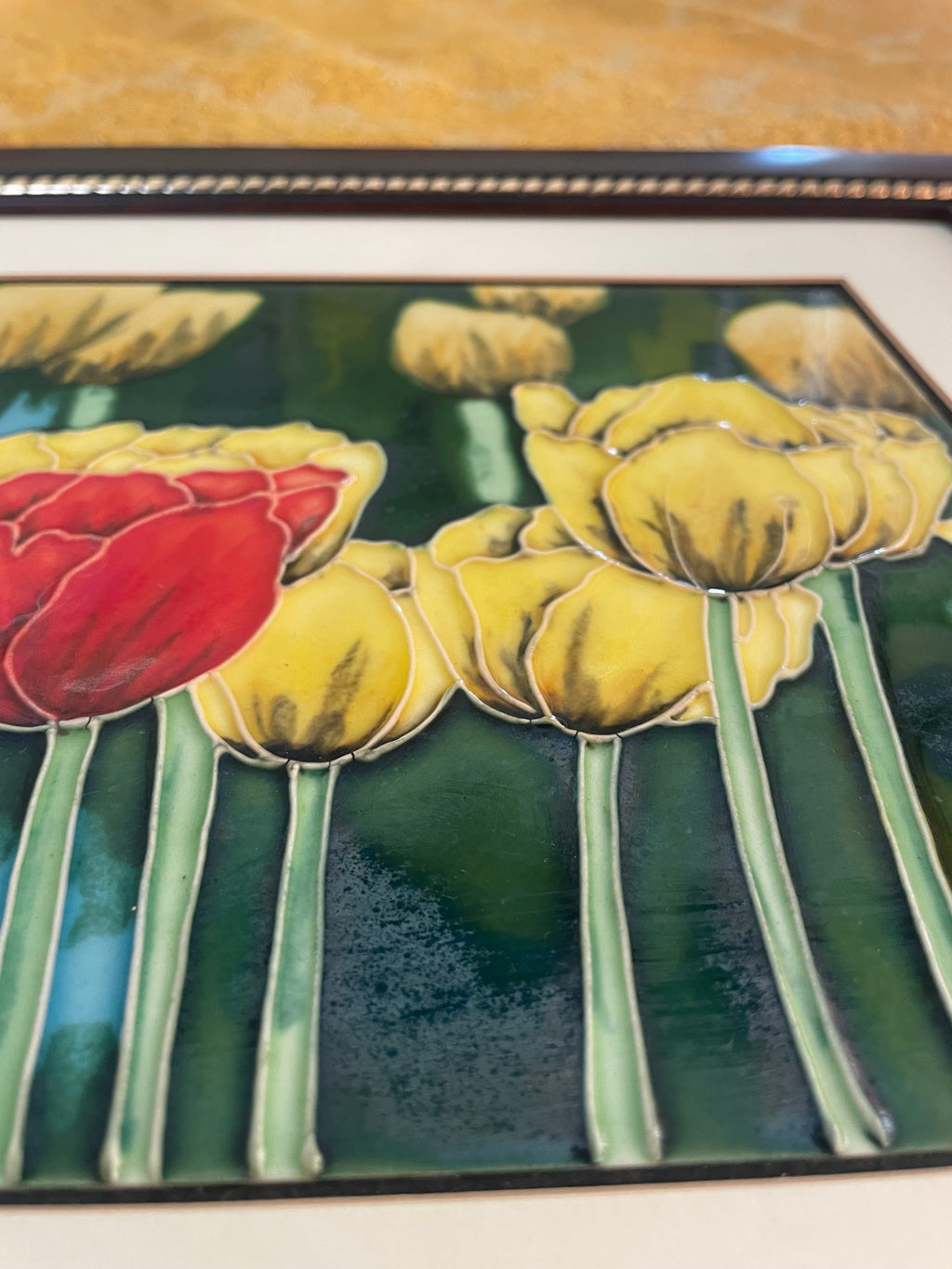 Handpainted Tulips Vintage Ceramic Tile In Custom Wooden Frame