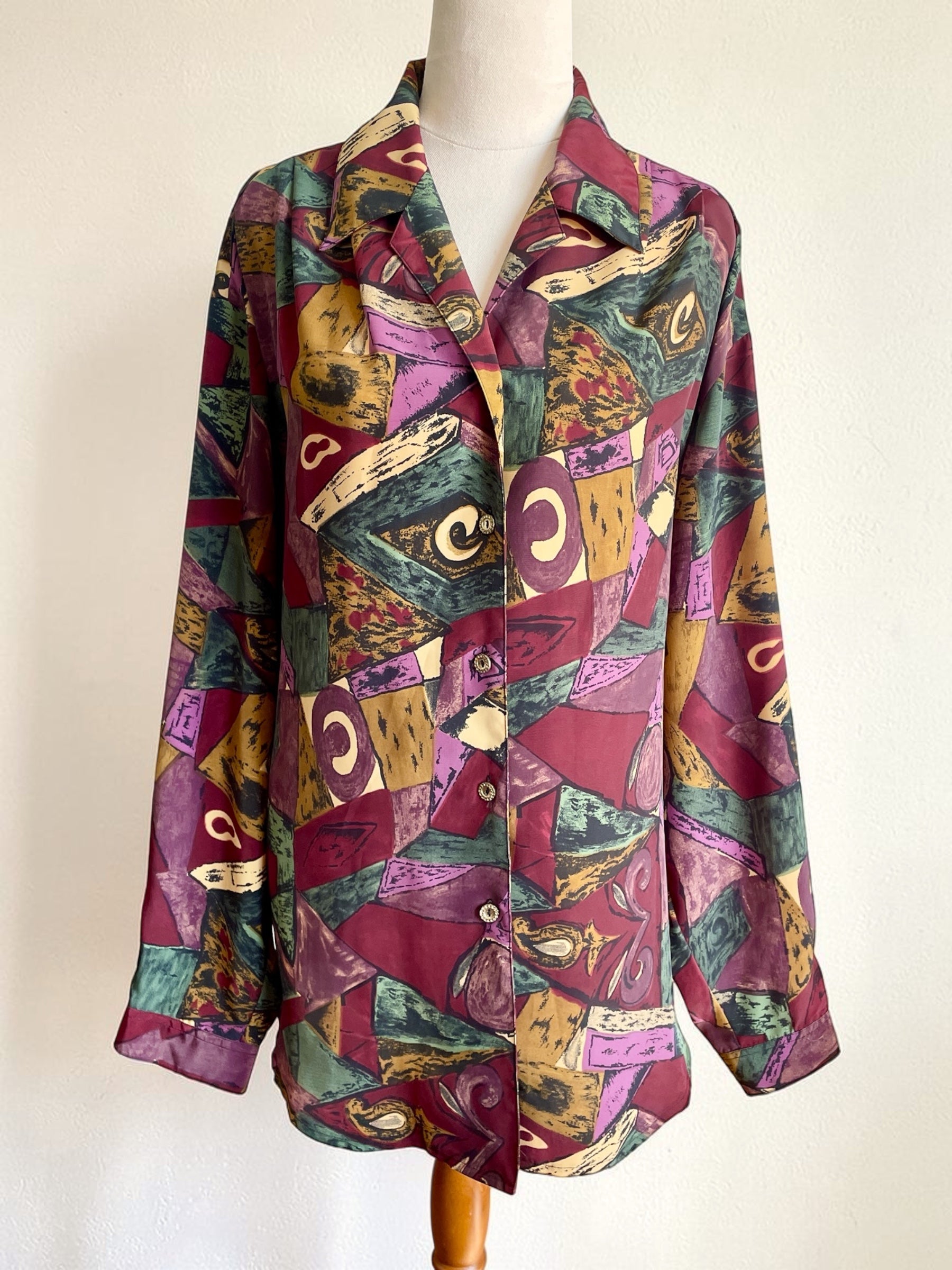 Vintage 90s Amari Geometric Abstract Blouse Retro Earthy Maroon Art-To-Wear Button Up Shirt Plus Size 18